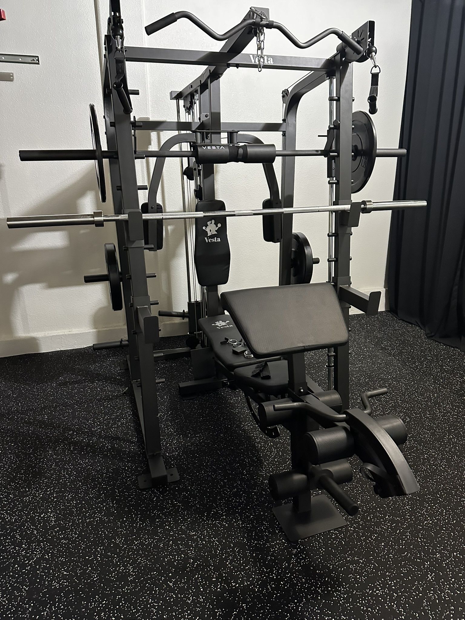 Vesta Fitness Smith Machine 2001 w/Bench Attachment | 230lb Bumpers Weights | 7ft Olympic Bar | Fitness | Gym Equipment | FREE DELIVERY🚚