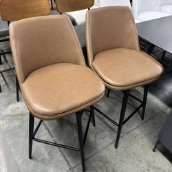 CHITA 27 inch Counter Height Swivel Bar Stools Low Back Set of 2, Metal Base, Faux Leather in Saddle Brown