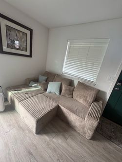 Beige Corduroy Sectional Sofa with Chaise