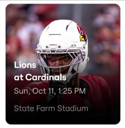 Detroit lions at Arizona Cardinals 2 lower level aisle seats with prk pass