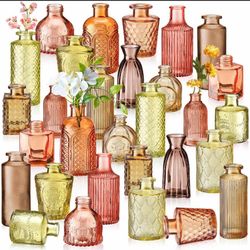 Yaomiao 30 Pcs Vases Bulk Colored Flower Glass Vases Bud Vintage Colored Glass Bottles Colorful Rustic Embossed For Home Wedding Table Decorations Gif