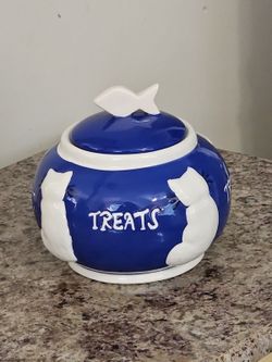 Vintage 1990's Blue & White Ceramic Cat Treats Cookie Jar 4.5" X 6"
