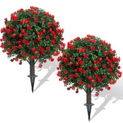Set of 2 Artificial Boxwood Topiary Ball Trees with Red Flowers for Outdoor with Ground Spike 22", UV Resistant Faux Greenery Shrubs