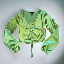 Size S Forever 21 Shirt Women's Solid Green Flared Long Sleeve Lace Up