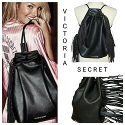 Victoria's Secret Large Black Faux Leather Fringe Drawstring