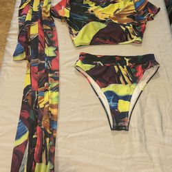 Women's Printed 3 Pieces High Waist Bikini Maxi Swimsuit Cover up
