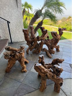 Stunning Raw Burl Wood / Twisted Root Accent Table Bases – 3 Piece Set with glass tops