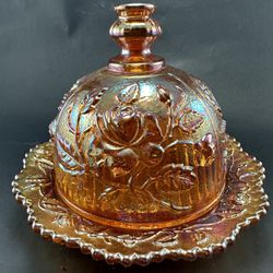 Imperial Glass Marigold Rose Carnival Glass Open Butter/Cheese Dish Dome Lid 