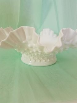 Vintage Fenton milk glass hobnail bowl with ruffle edge candle holder