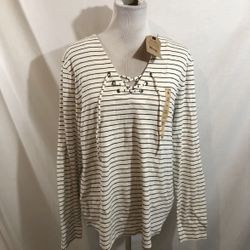 Ruff Hewn White Long Sleeve Top, Black Stripes, Ties At Neck - Womens XL, NWT, bust 22”