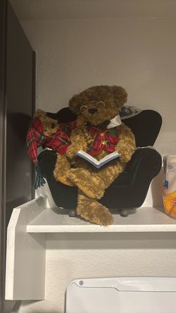 Dressed Teddy Bear Collectible with Miniature Chair