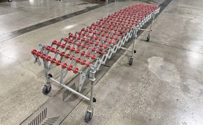 NestaFlex gravity skate wheel conveyor.   28" height (adjustable). Condenses down to 36" for easy storage. 5" locking swivel casters  Expandable Mobil