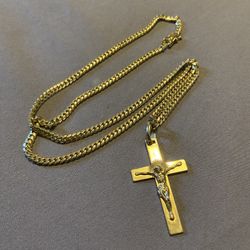 14k Solid Gold Cuban Link Cross Chain Pendant Necklace Cadena Oro