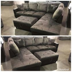 Brand New Charcoal Grey Microfiber Sectional With Storage Ottoman & 2 Decorative Pillows