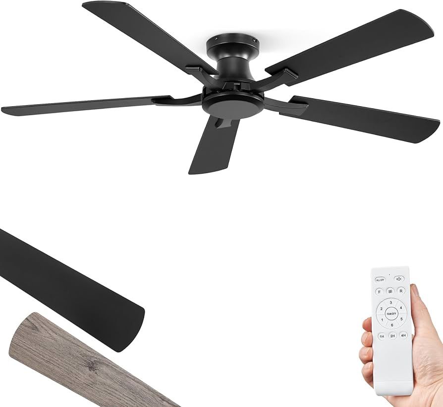 52 Inch Ceiling Fan No Light, Flush Mount Low Profile, Modern Black Ceiling Fan Without Light, Remote Control & Quiet DC Motor, for Indoor&Outdoor, B