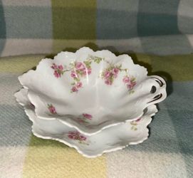 Antique M.Z. Austria hand-painted pink rose demitasse cup & saucer, gold gilt trim