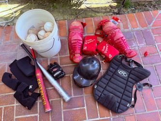 Softball bat, balls, helmet, catcher