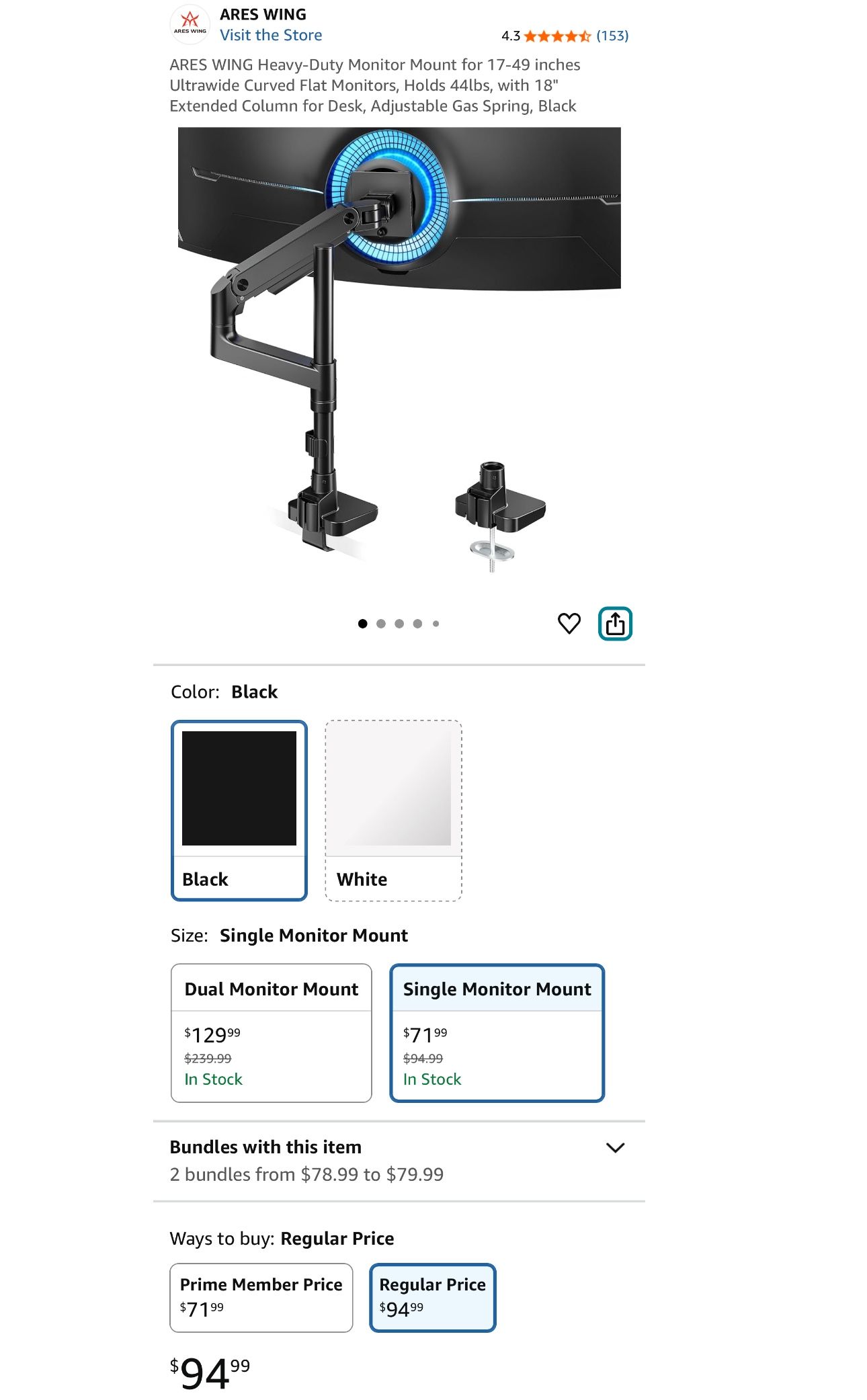 ARES WING Heavy-Duty Monitor Mount for 17-49 inches Ultrawide Curved Flat Monitors, Holds 44lbs, with 18" Extended Column for Desk, Adjustable Gas Spr