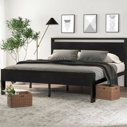 14 Inch King Size Metal Platform Bed Frame with Wooden Headboard and Footboard, Mattress Foundation, No Box Spring Needed, Large Under Bed Storage,Bla