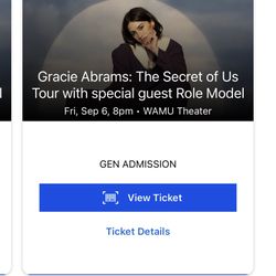 2 Gracie Abrams TSOU Tour Tickets 9/6