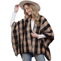 Checkered shawl wrap acrylic tan/black women’s One Size