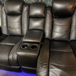 Black Leather LED Charging Sofa, Loveseat, And Recliner 