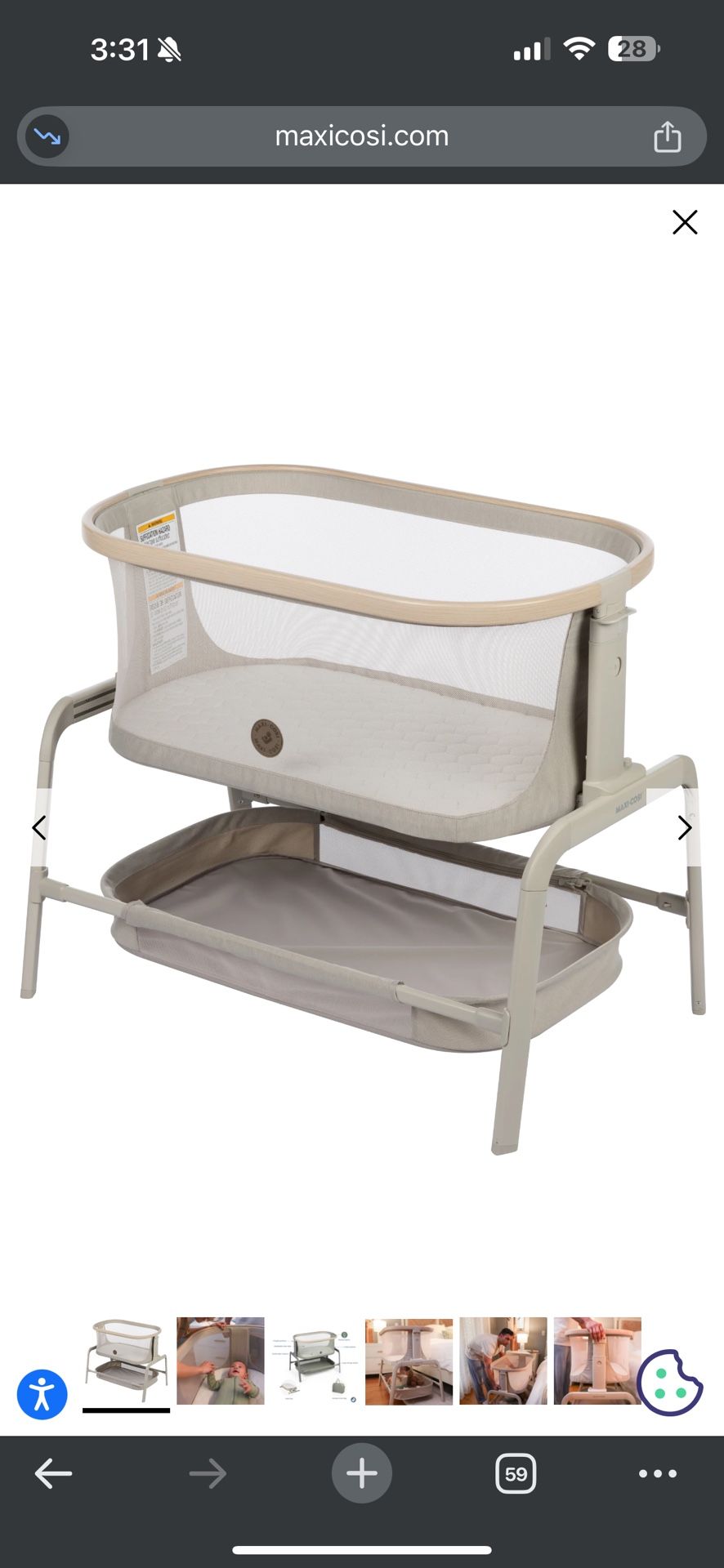 Maxi-Cosi Iora Bedside Bassinet – Light Gray, Adjustable, with Storage Shelf