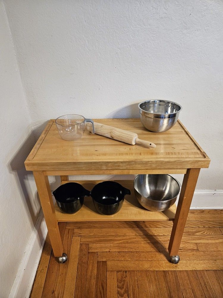 Two Tier Solid Wood Butcher Block Kitchen Rolling Cart With Open Storage Shelf And Caster Wheels