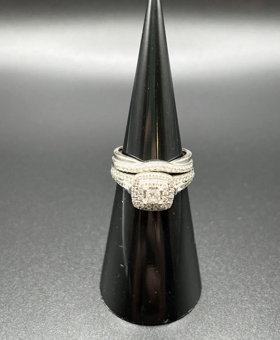 White Gold Wedding Set- Size 5- 10kt Engagement Ring, 14kt Wedding Band- READ
