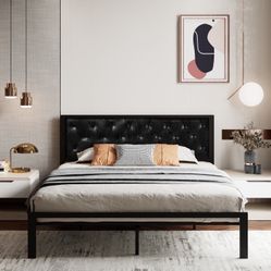 King Size Metal Platform Bed Frame with Faux Leather Upholstered Button Tufted Headboard, Mattress Foundation with 12.4” Storage, No Box Spring Needed