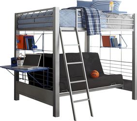 Metal loft bed with futon and shelving