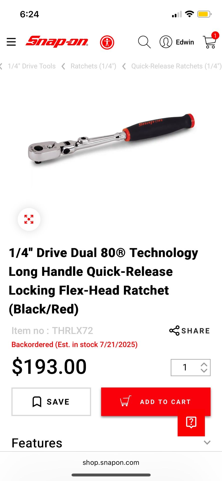 Snap On 1/4 Locking Flex Head Ratchet