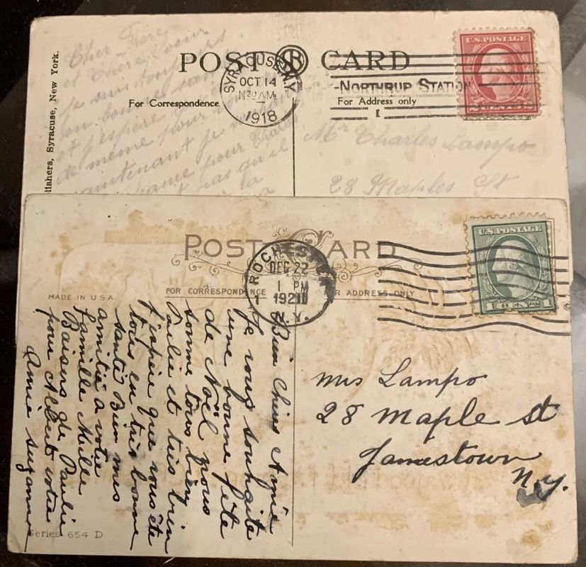 Antique Postcards with George Washington 1 cent Stamps - Postmarked 1918 - very rare