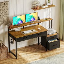 Computer Desk with 4 Drawers, 48 Inch Office Desk with Power Outlet, Home Office Desk with Printer Space & File Drawers Cabinet, Work Desk Table for H