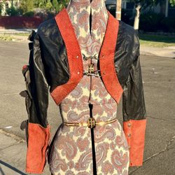 Vintage 80s Black Leather & Red Suede Roses Fringe Bolero Crop Jacket Womens Unique 35” Chest XS / S