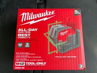 Brand new M12 12-Volt Lithium-Ion Cordless Green 125 ft. Cross Line and Plumb Points Laser Level (Tool-Only)