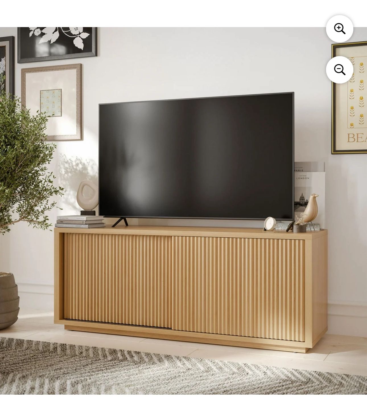 Beautiful Fluted TV Stand for TV’s up to 70” by Drew Barrymore, Warm Honey Finish