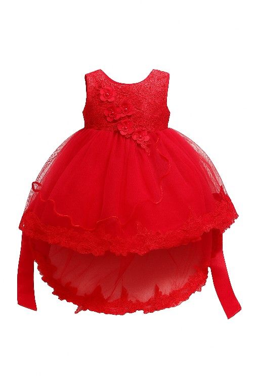 Here’s a good, search-friendly headline you can use for eBay or similar platforms:

"Girls Red Lace & Tulle Party Dress with Floral Appliqué – Size 12