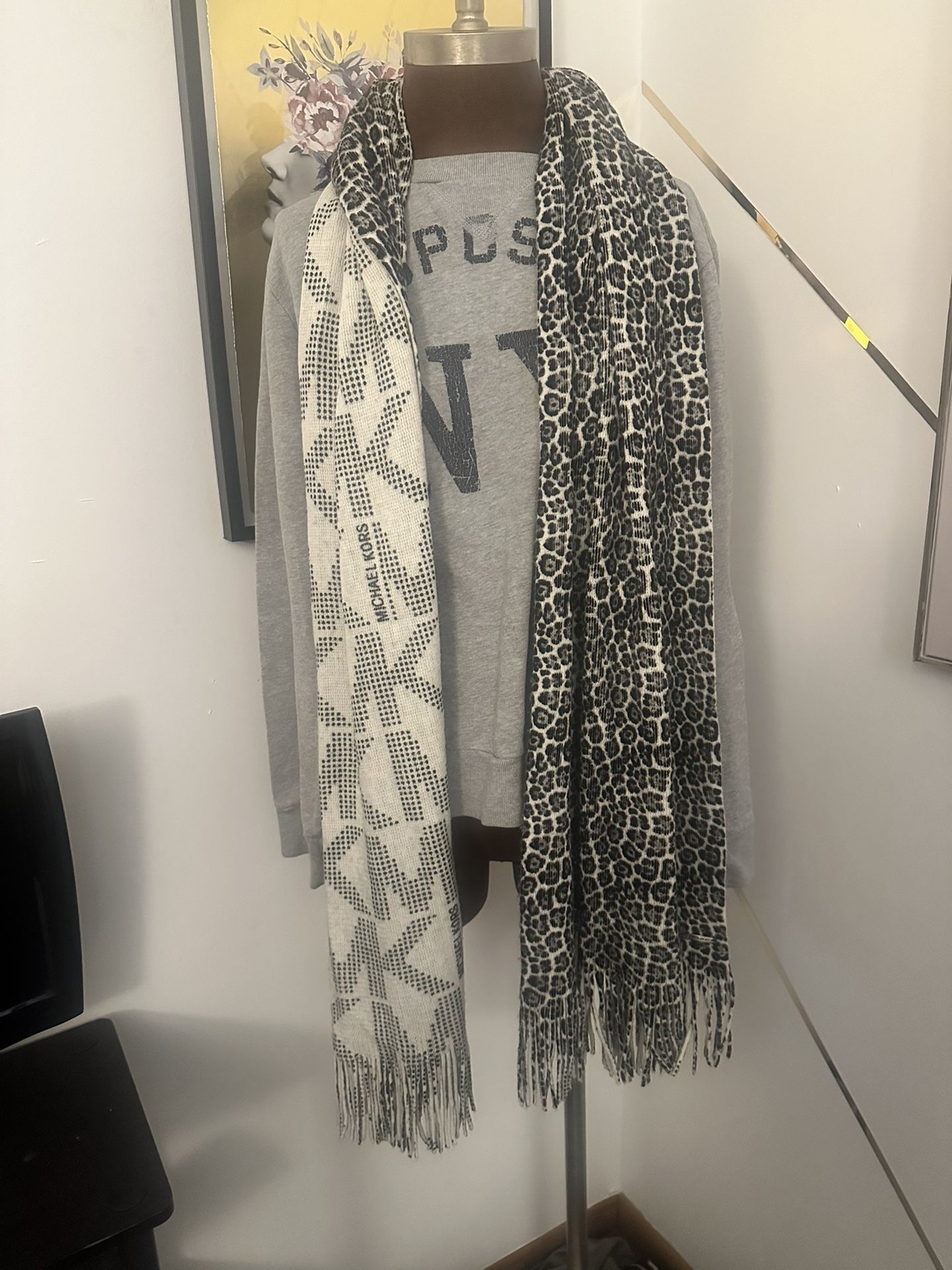 Michael Kors, Black And White Leopard Print Monogram, Reversible Scarf