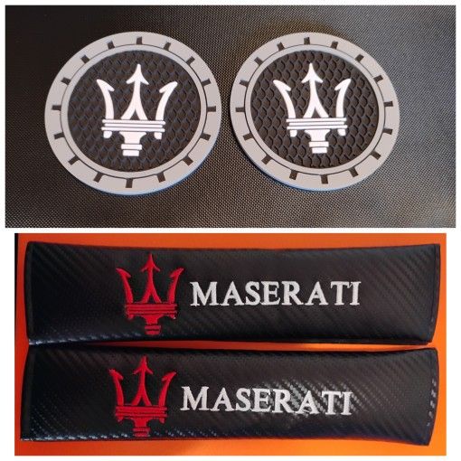 Maserati Seat belt Pads and Cup Coasters NEW