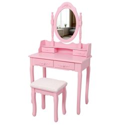 Pink Princess Vanity Desk Set with Mirror & Cushioned Stool, 4-Drawer Wooden Makeup Vanity Table for Girls' Bedroom, Dressing Table with Ample Storage