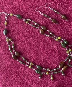 Handmade Earthy Green and Brown Beaded Necklace and Earring Set