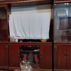 Cherry Oak Wood China Cabinet, End Table, Dinette Table and 4 Chairs
