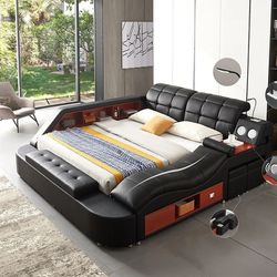 Black Easter King Italian Leather W/Massage Chaise (Mattress Not Included)