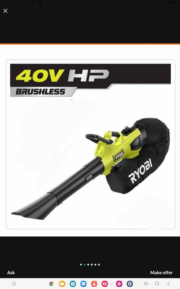 RYOBI 40V HP BRUSHLESS 600CFM CORDLESS LEAF BLOWER/MULCHER/VACUUM (tool Only)$180