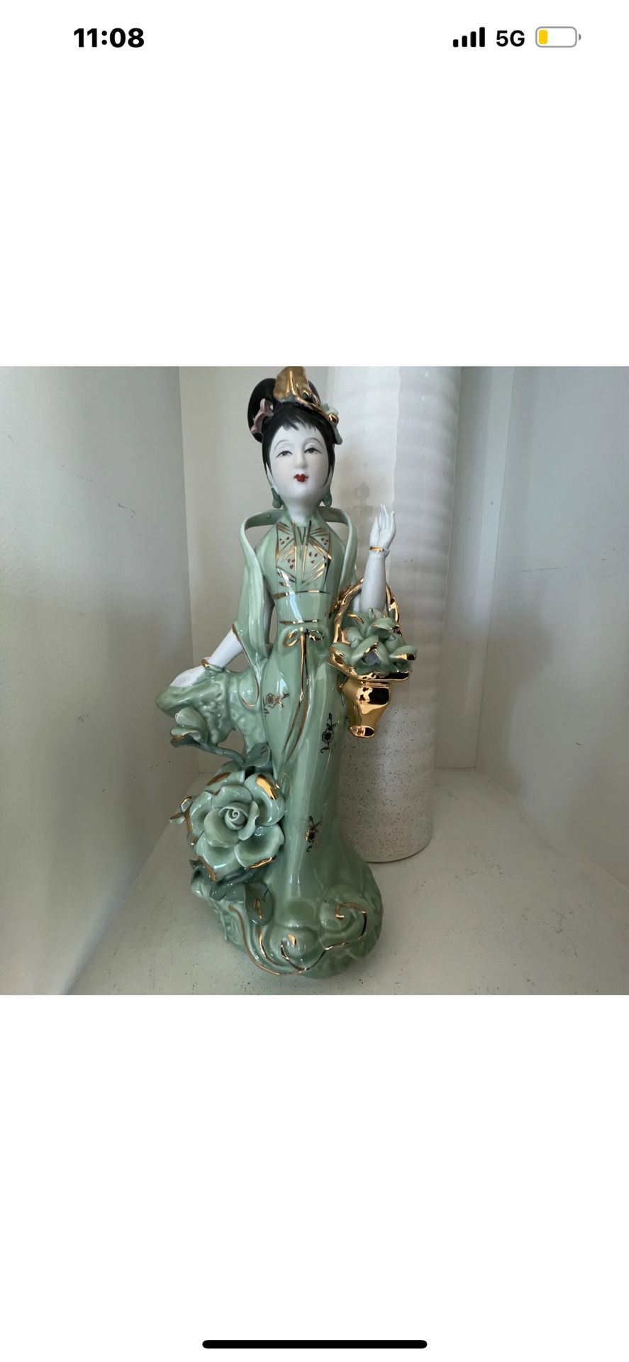 VTG Seto Celadon Geisha Large Figurine Statue W/ Flowers Gold Green 15”x7"
