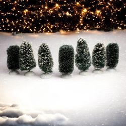 Dept 56 Village Frosted Topiary Trees Set Of 7 Vintage 1989 Snowy Green Display