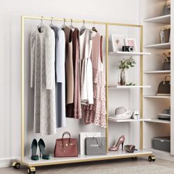 FONECHIN Metal Gold Clothing Rack for Boutique Use, Heavy Duty Garment Rack with Shelves for Retail Display (59L inches)