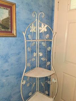 All metal corner foldable shelf..66 inches high, flowers, leaves detailed, distressed ivory