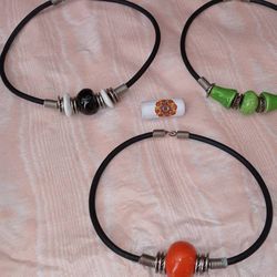 Vintage Leather Choker Necklaces- Ceramic Pendants- Pretty! - $10 Each Or $15 For All  (san jose south)  